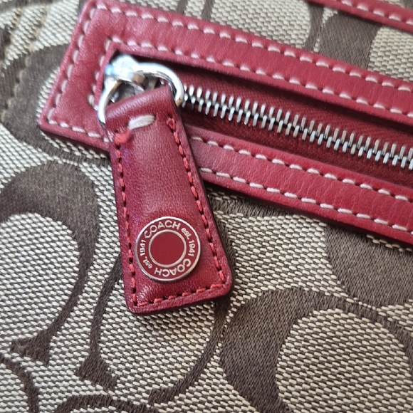 Coach Tan Signature Canvas Tote with Red Leather Trim Vintage K1J-6082 - Picture 9 of 15